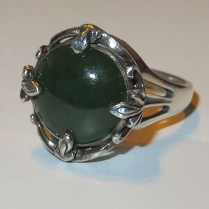 Large Round Jade Sterling Silver Ring Size 7.75